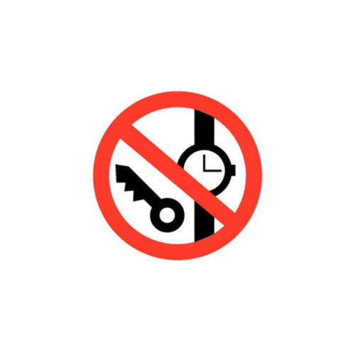 Знак Р-27 «Запрещается иметь при (на) себе металлические предметы (часы и т.п.) » 150×150 (фотолюм)